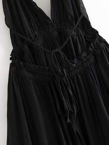 BELROSIE Dobby Mesh Self-Tie Ruffled Halter Dress - Black - View 3