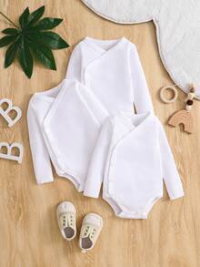 SHEIN Newborn Baby Boy/Girl 3pcs/ Fall Autumn/Winter Fleece Lined Set White Solid Color Cross Front Snap Closure Long Sleeve Bodysuit & Daily Wear Gift - White - View 8