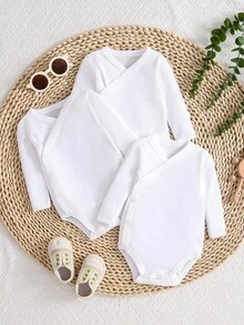 SHEIN Newborn Baby Boy/Girl 3pcs/ Fall Autumn/Winter Fleece Lined Set White Solid Color Cross Front Snap Closure Long Sleeve Bodysuit & Daily Wear Gift - White - View 12