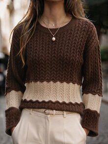 SHEIN Women Autumn CrewNeck Twisted Knit Sweater Brown Longsleeve Pullover Colorblock Relaxed Top Commuting Thanksgiving Brunch Retro Casual - Multicolor - View 4