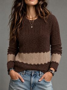 SHEIN Women Autumn CrewNeck Twisted Knit Sweater Brown Longsleeve Pullover Colorblock Relaxed Top Commuting Thanksgiving Brunch Retro Casual - Multicolor - View 3