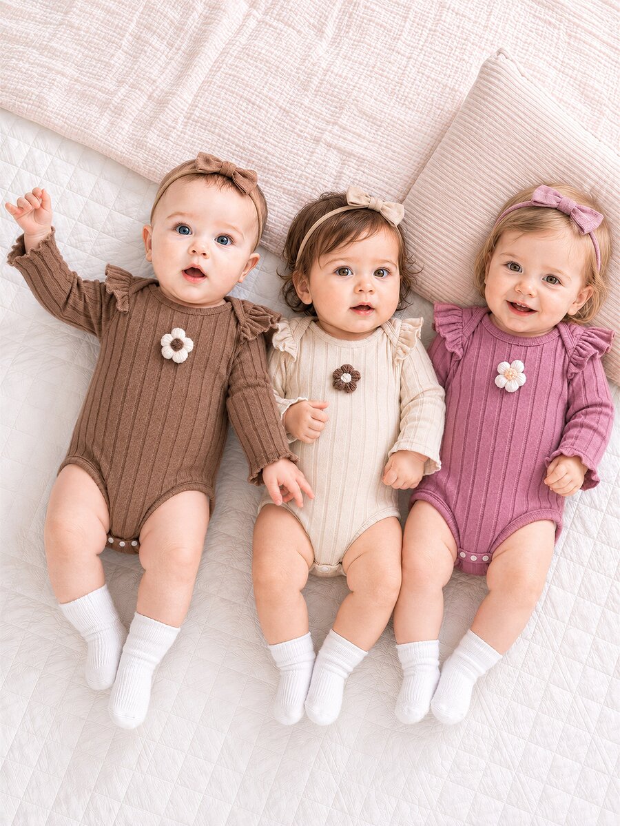 Vintaside Kids Baby Girls 3pcs Cute Ribbed Long Sleeve Bodysuit Set With 3D Floral Decor Elegant Flying Sleeve Romper Pack For 1-6 Months Infant - Multicolor - View 1