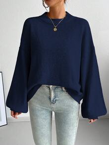 SHEIN French Style Casual Loose Fit Crew Neck Long Sleeve Knitted Sweater, Versatile, Autumn/Winter Fall - Navy Blue - View 6