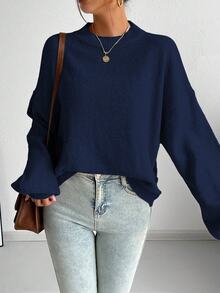 SHEIN French Style Casual Loose Fit Crew Neck Long Sleeve Knitted Sweater, Versatile, Autumn/Winter Fall - Navy Blue - View 7