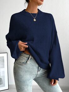 SHEIN French Style Casual Loose Fit Crew Neck Long Sleeve Knitted Sweater, Versatile, Autumn/Winter Fall - Navy Blue - View 8