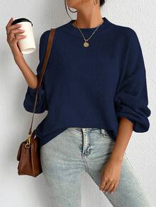 SHEIN French Style Casual Loose Fit Crew Neck Long Sleeve Knitted Sweater, Versatile, Autumn/Winter Fall - Navy Blue - View 5
