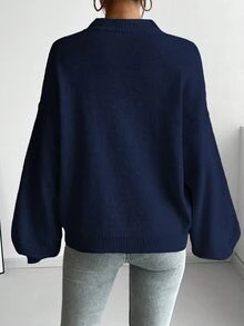 SHEIN French Style Casual Loose Fit Crew Neck Long Sleeve Knitted Sweater, Versatile, Autumn/Winter Fall - Navy Blue - View 3