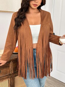 Weeklong Jaket Lengan Panjang Kasual Gaya Pedesaan Musim Gugur Berbahan Suede Cokelat Ukuran Besar, Gaya Barat Bohemian Nomad Klasik dengan Rumbai dan Patchwork untuk Acara Formal Pagi Hari - Coklat - View 5