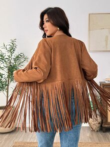 Weeklong Jaket Lengan Panjang Kasual Gaya Pedesaan Musim Gugur Berbahan Suede Cokelat Ukuran Besar, Gaya Barat Bohemian Nomad Klasik dengan Rumbai dan Patchwork untuk Acara Formal Pagi Hari - Coklat - View 2