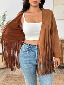 Weeklong Jaket Lengan Panjang Kasual Gaya Pedesaan Musim Gugur Berbahan Suede Cokelat Ukuran Besar, Gaya Barat Bohemian Nomad Klasik dengan Rumbai dan Patchwork untuk Acara Formal Pagi Hari - Coklat - View 8