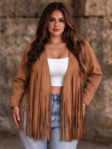 Weeklong Jaket Lengan Panjang Kasual Gaya Pedesaan Musim Gugur Berbahan Suede Cokelat Ukuran Besar, Gaya Barat Bohemian Nomad Klasik dengan Rumbai dan Patchwork untuk Acara Formal Pagi Hari - Coklat - View 1
