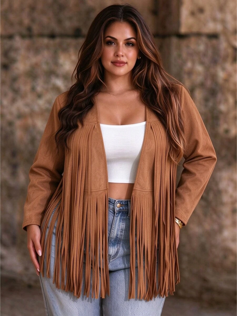 Weeklong Jaket Lengan Panjang Kasual Gaya Pedesaan Musim Gugur Berbahan Suede Cokelat Ukuran Besar, Gaya Barat Bohemian Nomad Klasik dengan Rumbai dan Patchwork untuk Acara Formal Pagi Hari - Coklat - View 1