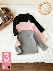 SHEIN Vintaside Kids 3件組女嬰秋冬保暖內裡半高領上衣，粉色黑色灰色極簡休閒風愛心印花修身底層，適合日常穿著、運動、散步、幼兒園出遊 - 彩色 - 查看 4