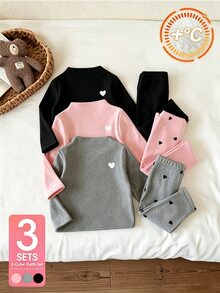 SHEIN Vintaside Kids 3件組女嬰秋冬保暖內裡半高領上衣，粉色黑色灰色極簡休閒風愛心印花修身底層，適合日常穿著、運動、散步、幼兒園出遊 - 彩色 - 查看 3