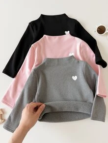 SHEIN Vintaside Kids 3件組女嬰秋冬保暖內裡半高領上衣，粉色黑色灰色極簡休閒風愛心印花修身底層，適合日常穿著、運動、散步、幼兒園出遊 - 彩色 - 查看 5
