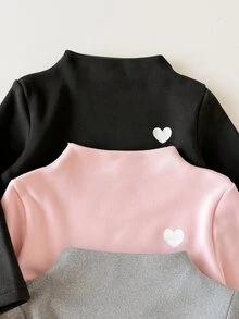 SHEIN Vintaside Kids 3件組女嬰秋冬保暖內裡半高領上衣，粉色黑色灰色極簡休閒風愛心印花修身底層，適合日常穿著、運動、散步、幼兒園出遊 - 彩色 - 查看 8