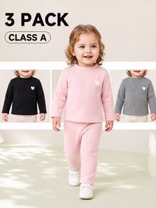 SHEIN Vintaside Kids 3件組女嬰秋冬保暖內裡半高領上衣，粉色黑色灰色極簡休閒風愛心印花修身底層，適合日常穿著、運動、散步、幼兒園出遊 - 彩色 - 查看 1