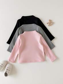 SHEIN Vintaside Kids 3件組女嬰秋冬保暖內裡半高領上衣，粉色黑色灰色極簡休閒風愛心印花修身底層，適合日常穿著、運動、散步、幼兒園出遊 - 彩色 - 查看 2