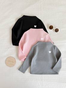 SHEIN Vintaside Kids 3件組女嬰秋冬保暖內裡半高領上衣，粉色黑色灰色極簡休閒風愛心印花修身底層，適合日常穿著、運動、散步、幼兒園出遊 - 彩色 - 查看 7