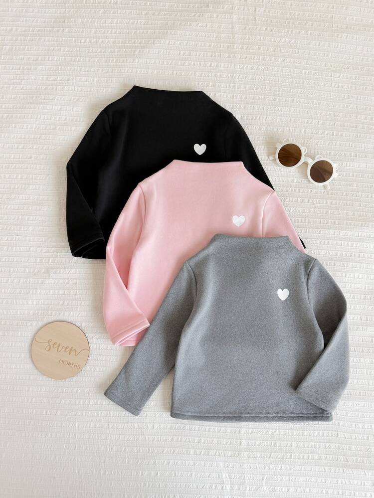 SHEIN Vintaside Kids 3pcs/Set Baby Girl Autumn/Winter Thermal Lined Semi-High Neck Tops, Pink Black Grey Minimalist Casual Style Heart Print Fitted Base Layer, Suitable For Daily Wear, Sports, Walking, Kindergarten Outings - Multicolor - View 7