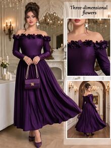 Roveilla Plus Size New Fashion Elegant Party Lace Patchwork V-Neck Ruffle Black Mermaid Long Sleeve Dress - Purple - View 3