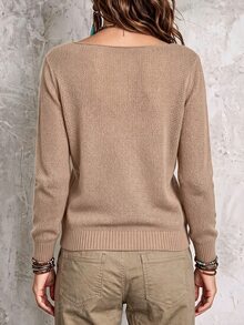 SHEIN Women's Bohemian Vintage Deep V-Neck Knitted Top, Solid Color Slim Fit Versatile Long Sleeve Knit, European And American Commuter Style - Camel - View 2
