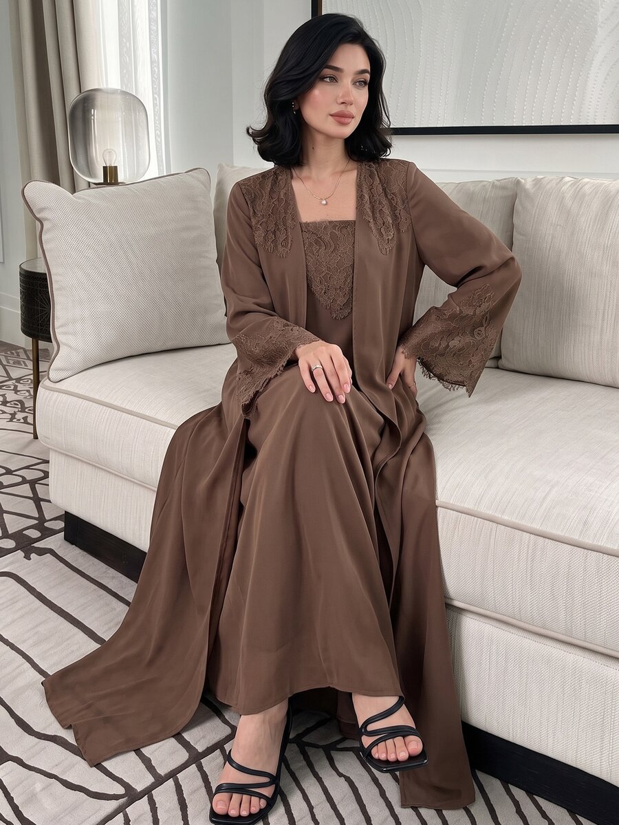 Al Najma Spring/Summer Elegant Elegant Fashion Versatile Slimming Lace 2 In 1 Women's Dress - Coffee Brown - View 1