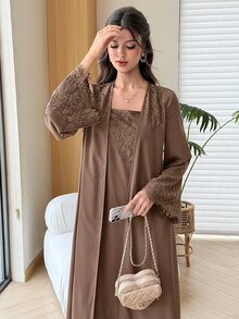 Al Najma Spring/Summer Elegant Elegant Fashion Versatile Slimming Lace 2 In 1 Women's Dress - Coffee Brown - View 5