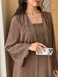 Al Najma Spring/Summer Elegant Elegant Fashion Versatile Slimming Lace 2 In 1 Women's Dress - Coffee Brown - View 2