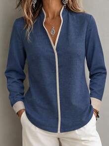 Louniche Autumn Clothes For Women Blue Stand Collar Contrast Trim Long Sleeve Button Up Office Blouse Casual - Navy Blue - View 6