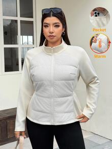 Muchica Jaket Wanita Ukuran Besar Lengan Panjang Raglan dengan Resleting Depan, Gaya Kasual Western Smart Musim Dingin, Pinggang Elastis, Saku, Patchwork, Cocok untuk Acara Kantor/Klub, Warna Putih - Aprikot - View 8