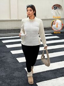 Muchica Jaket Wanita Ukuran Besar Lengan Panjang Raglan dengan Resleting Depan, Gaya Kasual Western Smart Musim Dingin, Pinggang Elastis, Saku, Patchwork, Cocok untuk Acara Kantor/Klub, Warna Putih - Aprikot - View 7