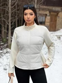 Muchica Jaket Wanita Ukuran Besar Lengan Panjang Raglan dengan Resleting Depan, Gaya Kasual Western Smart Musim Dingin, Pinggang Elastis, Saku, Patchwork, Cocok untuk Acara Kantor/Klub, Warna Putih - Aprikot - View 4
