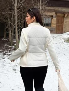 Muchica Jaket Wanita Ukuran Besar Lengan Panjang Raglan dengan Resleting Depan, Gaya Kasual Western Smart Musim Dingin, Pinggang Elastis, Saku, Patchwork, Cocok untuk Acara Kantor/Klub, Warna Putih - Aprikot - View 3