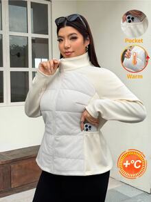 Muchica Jaket Wanita Ukuran Besar Lengan Panjang Raglan dengan Resleting Depan, Gaya Kasual Western Smart Musim Dingin, Pinggang Elastis, Saku, Patchwork, Cocok untuk Acara Kantor/Klub, Warna Putih - Aprikot - View 9