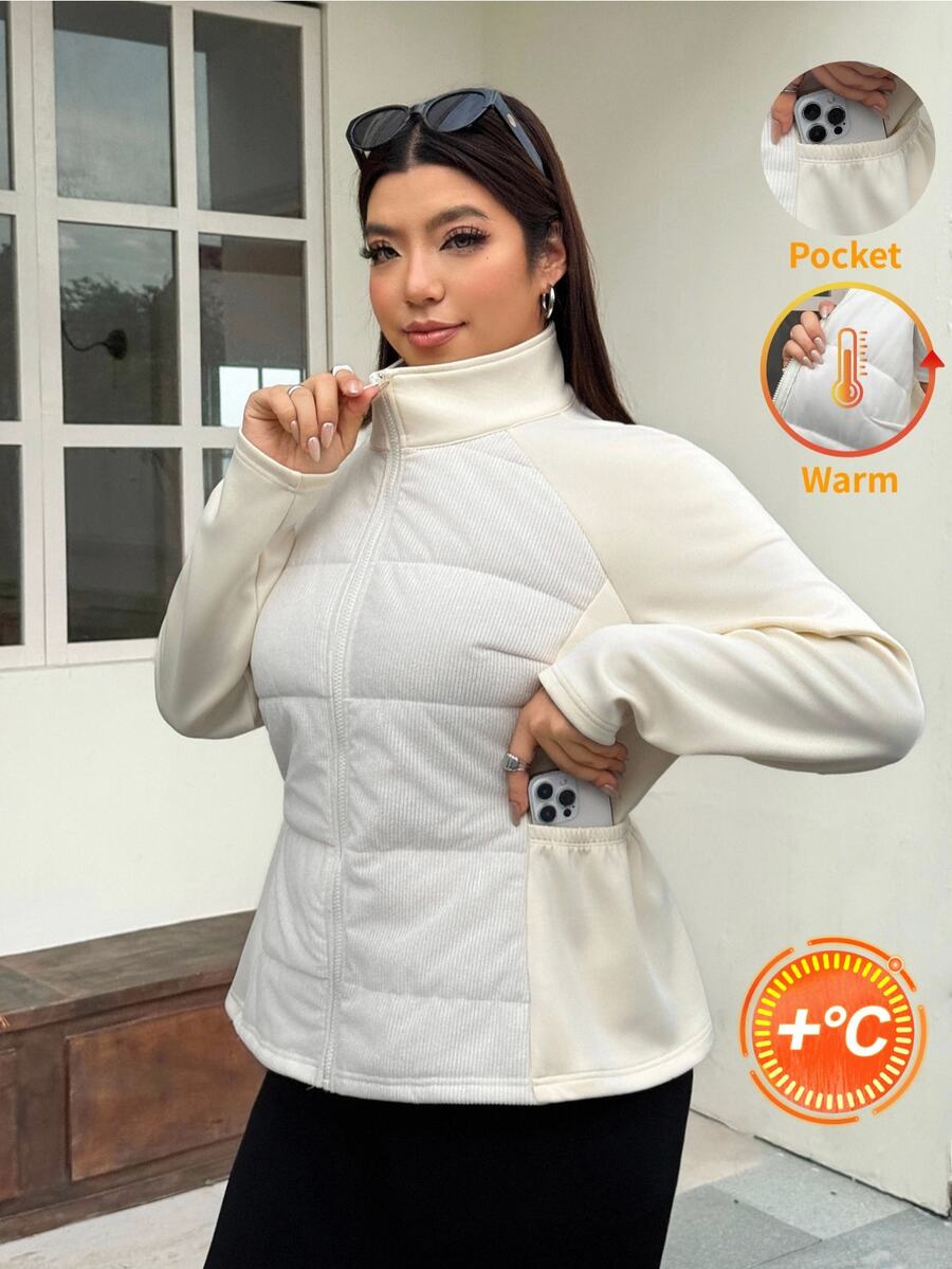 Muchica Plus Size Women's Raglan Long Sleeve Zipper Front Casual Baggy Anti Social Smart Western Winter Jacket Elastic Waist Pockets Patchwork White
