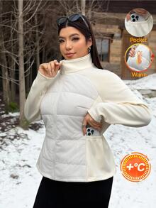 Muchica Jaket Wanita Ukuran Besar Lengan Panjang Raglan dengan Resleting Depan, Gaya Kasual Western Smart Musim Dingin, Pinggang Elastis, Saku, Patchwork, Cocok untuk Acara Kantor/Klub, Warna Putih - Aprikot - View 2