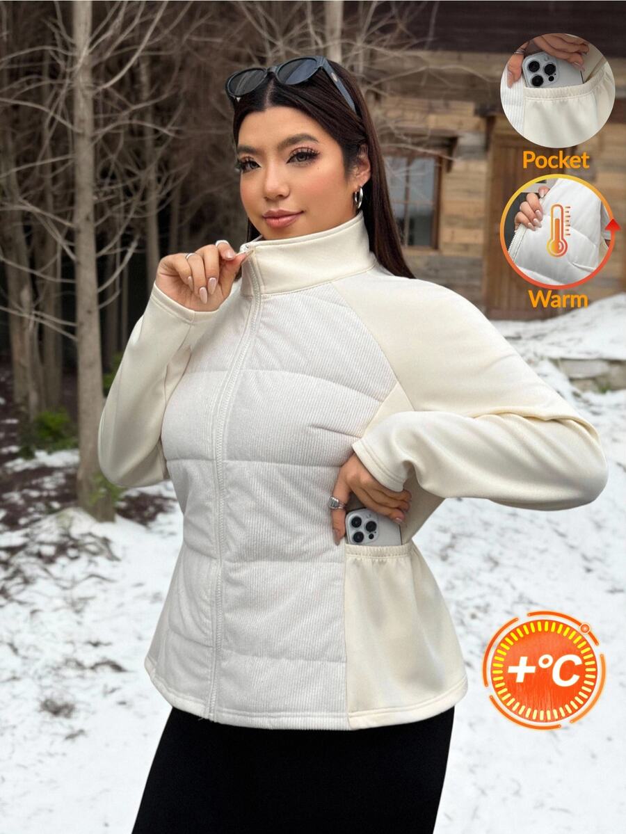 Muchica Jaket Wanita Ukuran Besar Lengan Panjang Raglan dengan Resleting Depan, Gaya Kasual Western Smart Musim Dingin, Pinggang Elastis, Saku, Patchwork, Cocok untuk Acara Kantor/Klub, Warna Putih