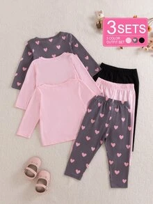 SHEIN 6 Pack Baby Girls Top + Leggings Cute Sweet Pink Grey Heart Leopard Print Long Sleeve Round Neck Regular Party Autumn Holiday Christmas Elastic Waist - Multicolor - View 2