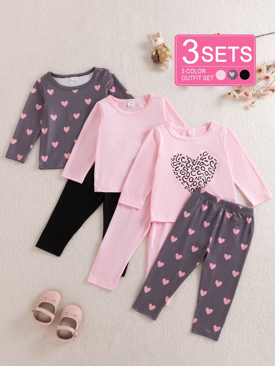 SHEIN 6 Pack Baby Girls Top + Leggings Cute Sweet Pink Grey Heart Leopard Print Long Sleeve Round Neck Regular Party Autumn Holiday Christmas Elastic Waist - Multicolor - View 1