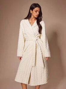 Lazeform Women's Autumn/Winter Jacquard Double-Sided Fleece Long Robe, Sweet & Cute Loungewear Outerwear - Beige - View 4