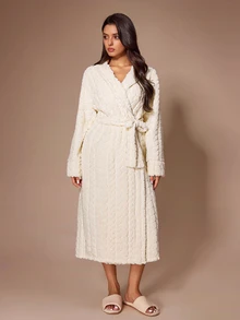 Lazeform Women's Autumn/Winter Jacquard Double-Sided Fleece Long Robe, Sweet & Cute Loungewear Outerwear - Beige - View 3