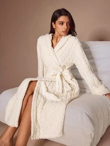 Lazeform Women's Autumn/Winter Jacquard Double-Sided Fleece Long Robe, Sweet & Cute Loungewear Outerwear - Beige - View 1