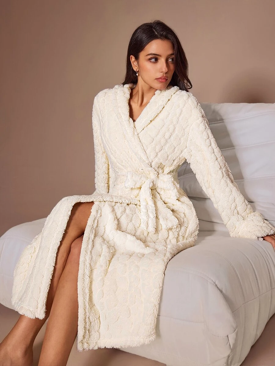 Lazeform Women's Autumn/Winter Jacquard Double-Sided Fleece Long Robe, Sweet & Cute Loungewear Outerwear - Beige - View 1