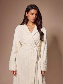 Lazeform Women's Autumn/Winter Jacquard Double-Sided Fleece Long Robe, Sweet & Cute Loungewear Outerwear - Beige - View 5