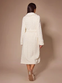 Lazeform Women's Autumn/Winter Jacquard Double-Sided Fleece Long Robe, Sweet & Cute Loungewear Outerwear - Beige - View 2