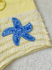 Elavelle Women's Jacquard Fabric Bow Sequin Starfish Decor High Waist Swimwear Bottom, Summer/Fall(Wear-If-Many-Ways) Vacation Pool Party - Yellow - View 5