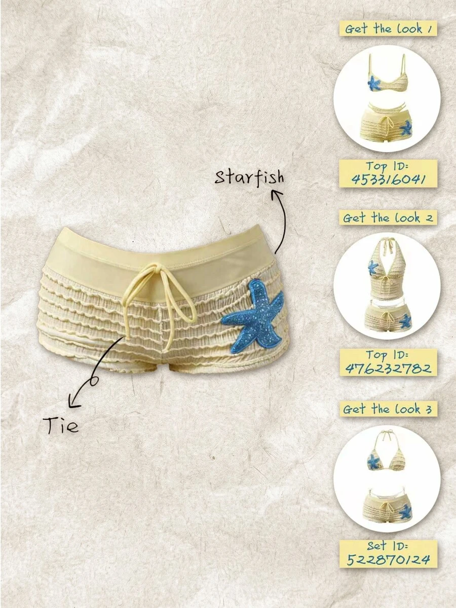 Elavelle Women's Jacquard Fabric Bow Sequin Starfish Decor High Waist Swimwear Bottom, Summer/Fall(Wear-If-Many-Ways) Vacation Pool Party - Yellow - View 1