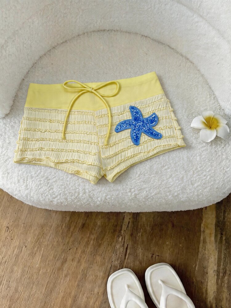 Elavelle Women's Jacquard Fabric Bow Sequin Starfish Decor High Waist Swimwear Bottom, Summer/Fall(Wear-If-Many-Ways) Vacation Pool Party - Yellow - View 2
