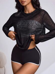 Slayform Kaos Olahraga Wanita Lengan Panjang Leher Bulat Warna Hitam dengan Lubang-Lubang - Hitam - View 7